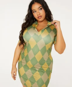 New Girl Order GREEN ARGYLE PRINT COLLAR RIBBED DRESS CURVE Tops