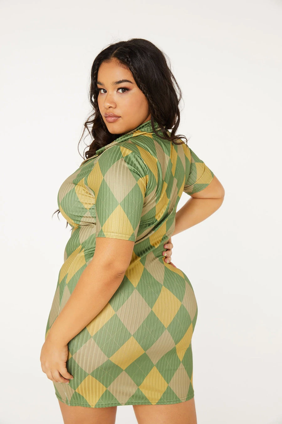 New Girl Order GREEN ARGYLE PRINT COLLAR RIBBED DRESS CURVE Tops 3 New Girl Order GREEN ARGYLE PRINT COLLAR RIBBED DRESS CURVE Tops