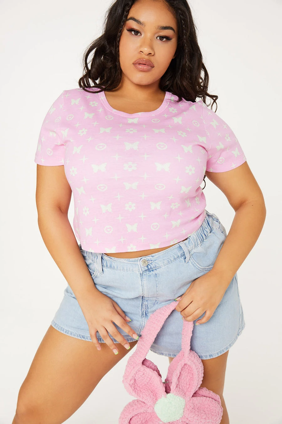 New Girl Order Tops BUTTERFLY MONOGRAM CROP LACE TEE CURVE 1 New Girl Order Tops BUTTERFLY MONOGRAM CROP LACE TEE CURVE