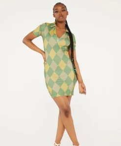 New Girl Order Tops GREEN ARGYLE PRINT COLLAR RIBBED DRESS
