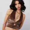 New Girl Order VELVET HALTER NECK TOP - MOCHA