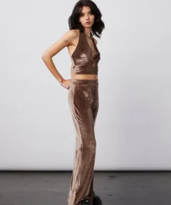 New Girl Order VELVET HALTER NECK TOP - MOCHA
