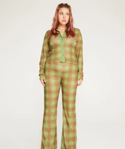 New Girl Order Tops GREEN ALL OVER PRINT CHECK FLARES CURVE