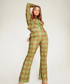New Girl Order Tops GREEN ALL OVER PRINT CHECK FLARES CURVE