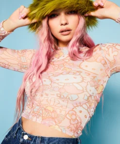 New Girl Order Hello Kitty Contrast Stitch Mesh Top Tops