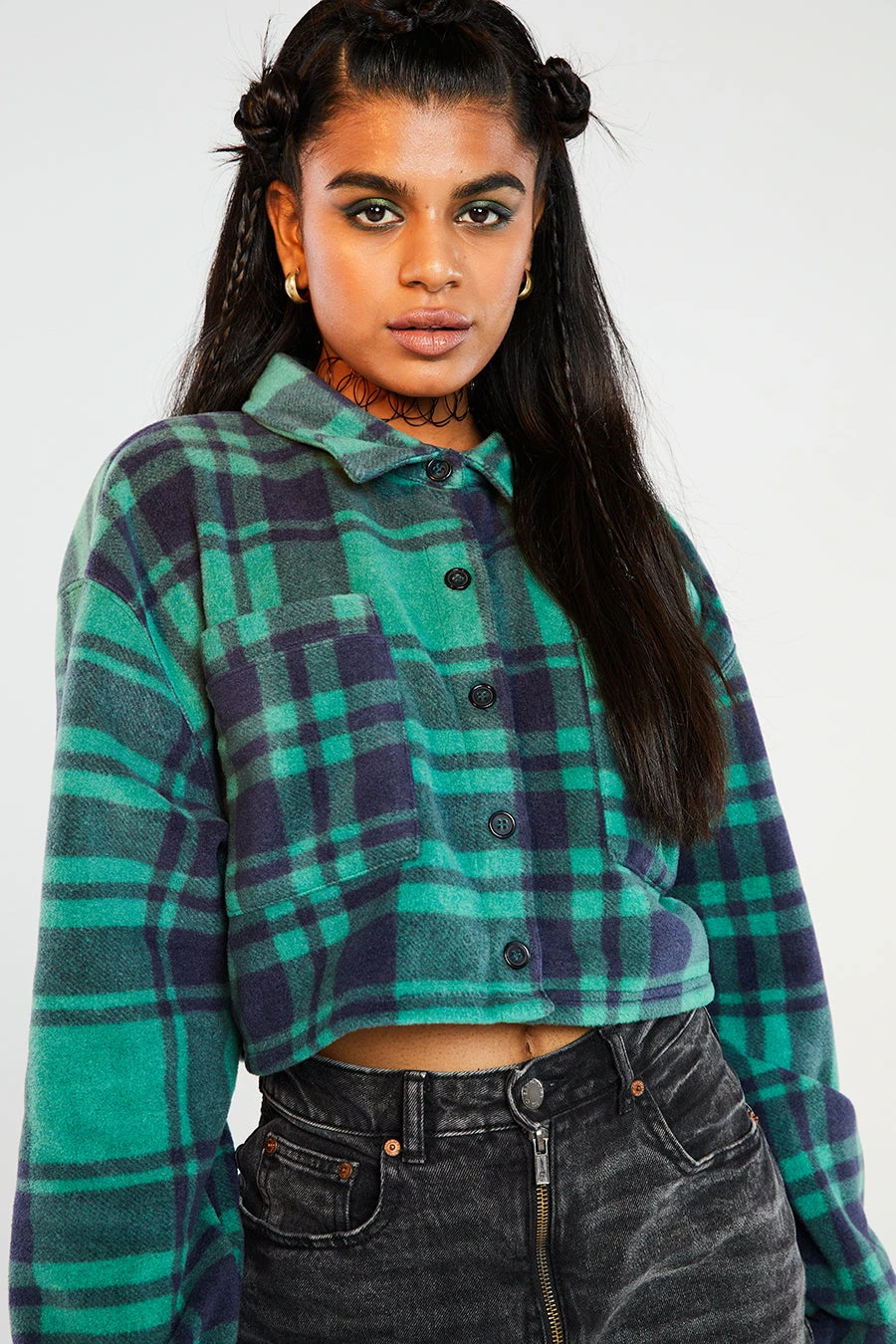New Girl Order Check Fleece Crop Shirt