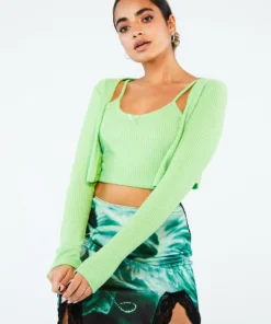 New Girl Order Tops CROP RIB GREEN CARDIGAN
