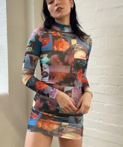 New Girl Order NEW IN COLLAGE PRINT MESH CUT OUT BACK BODYCON DRESS