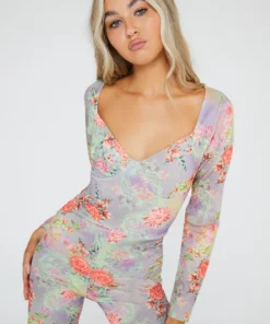 New Girl Order Rose Floral Long Sleeved Unitard Tops